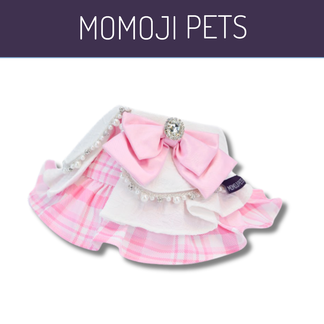 Momoji Madeleine Bib - ชุดหมาแมวออกงาน ชุดผู้หญิง มีกระโปรง สีชมพูขาว สีเทาชมพู สำหรับสัตว์เลี้ยง